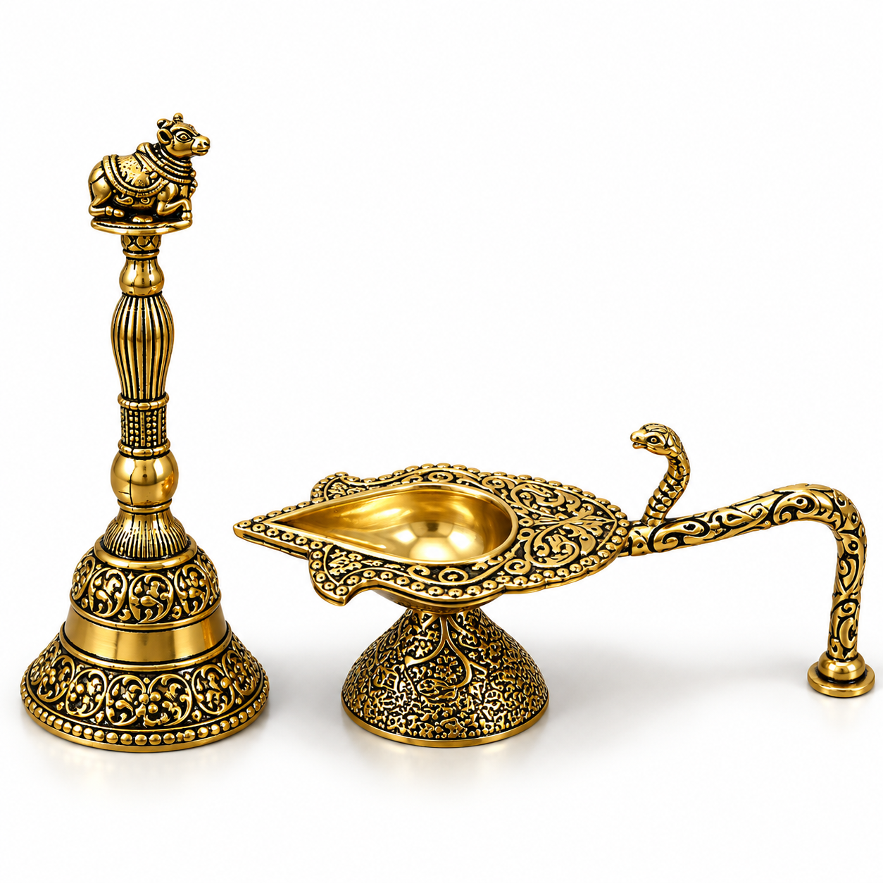 Ornate Brass Bell and Ritual Lamp