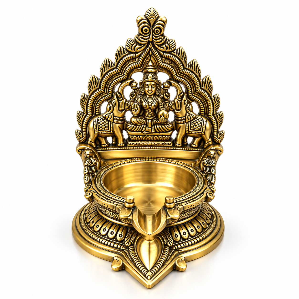 Ornate Brass Diya with Elephants and Deity
