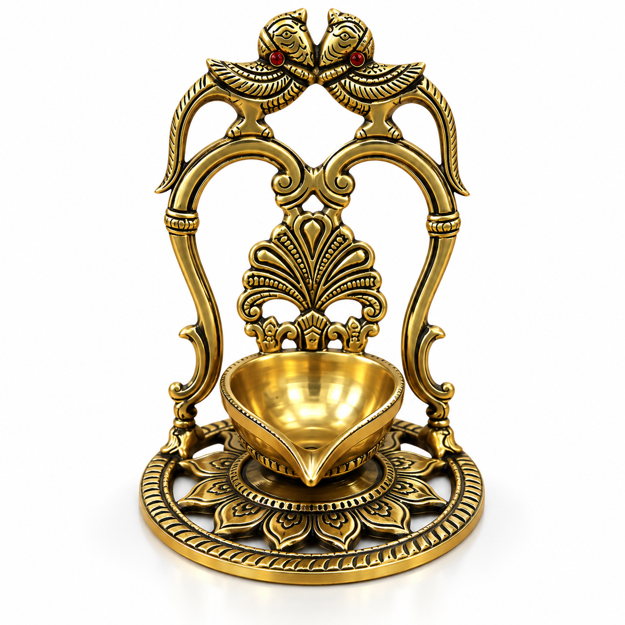 Ornate Brass Diya with Twin Birds
