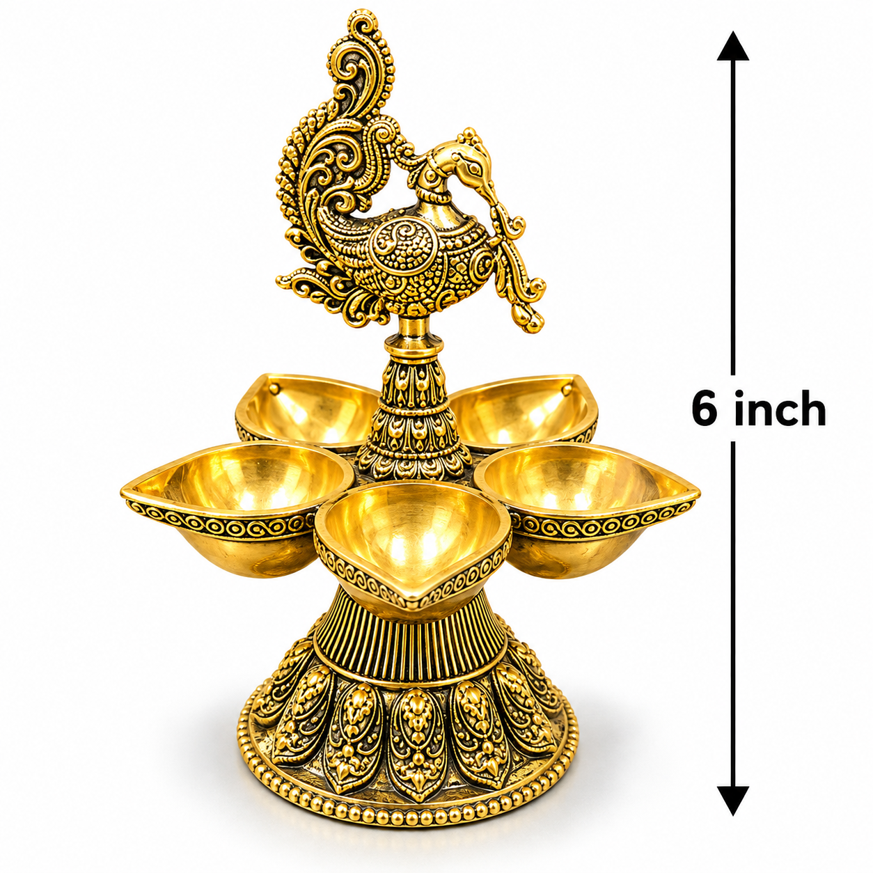 Ornate Brass Peacock Diya Stand - 6 Inch