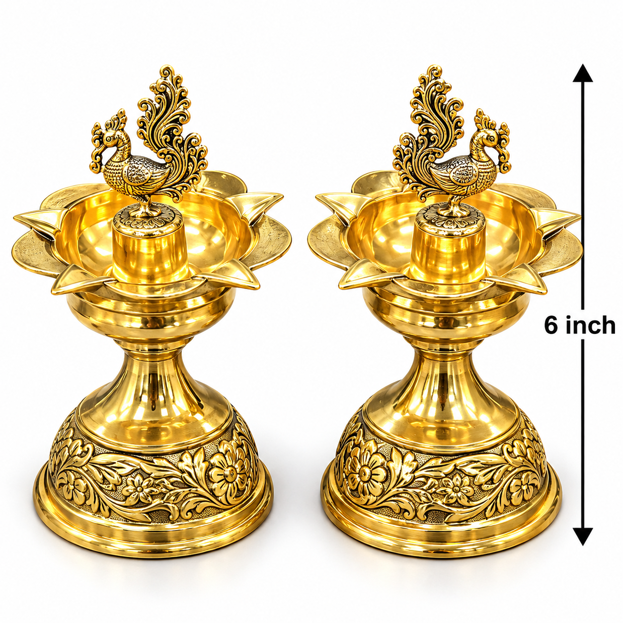 Ornate Brass Peacock Diya - 6 Inch (Style 1)