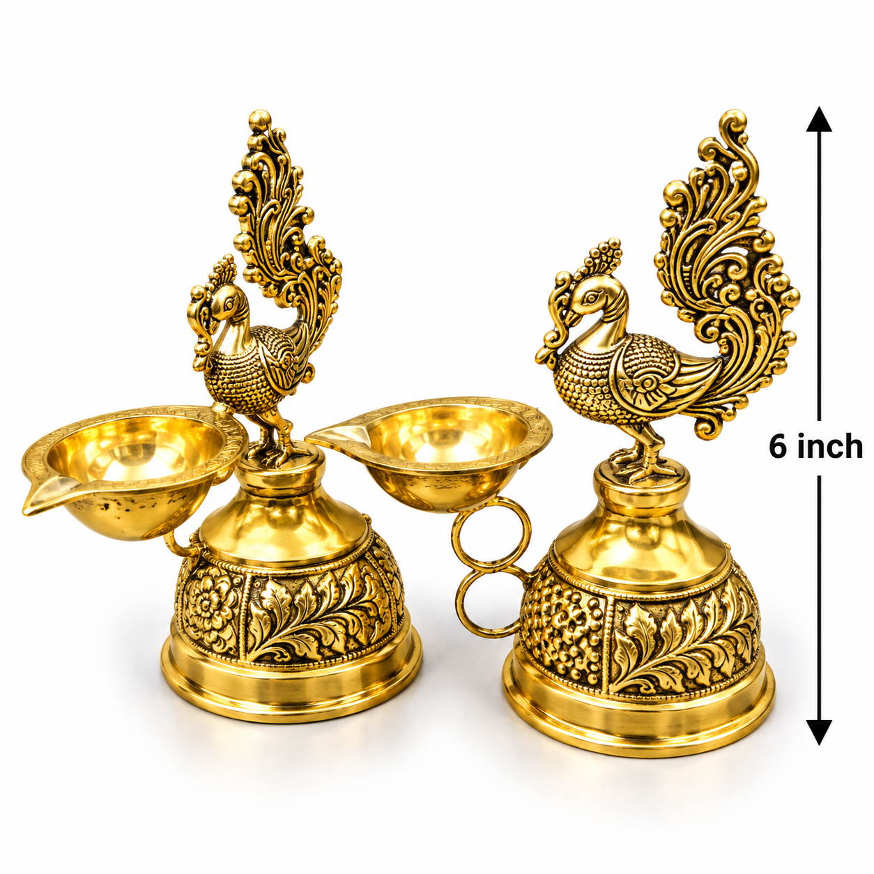 Ornate Brass Peacock Diya - 6 Inch (Style 2)