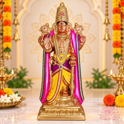 Ornate Tirupati Balaji Idol in Festive Temple Decor