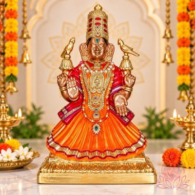 Ornate Hindu Deity Altar with Golden Lamps