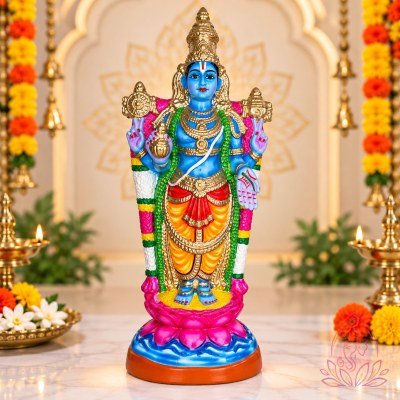 Ornate Sri Maha Vishnu Statue in Festive Altar