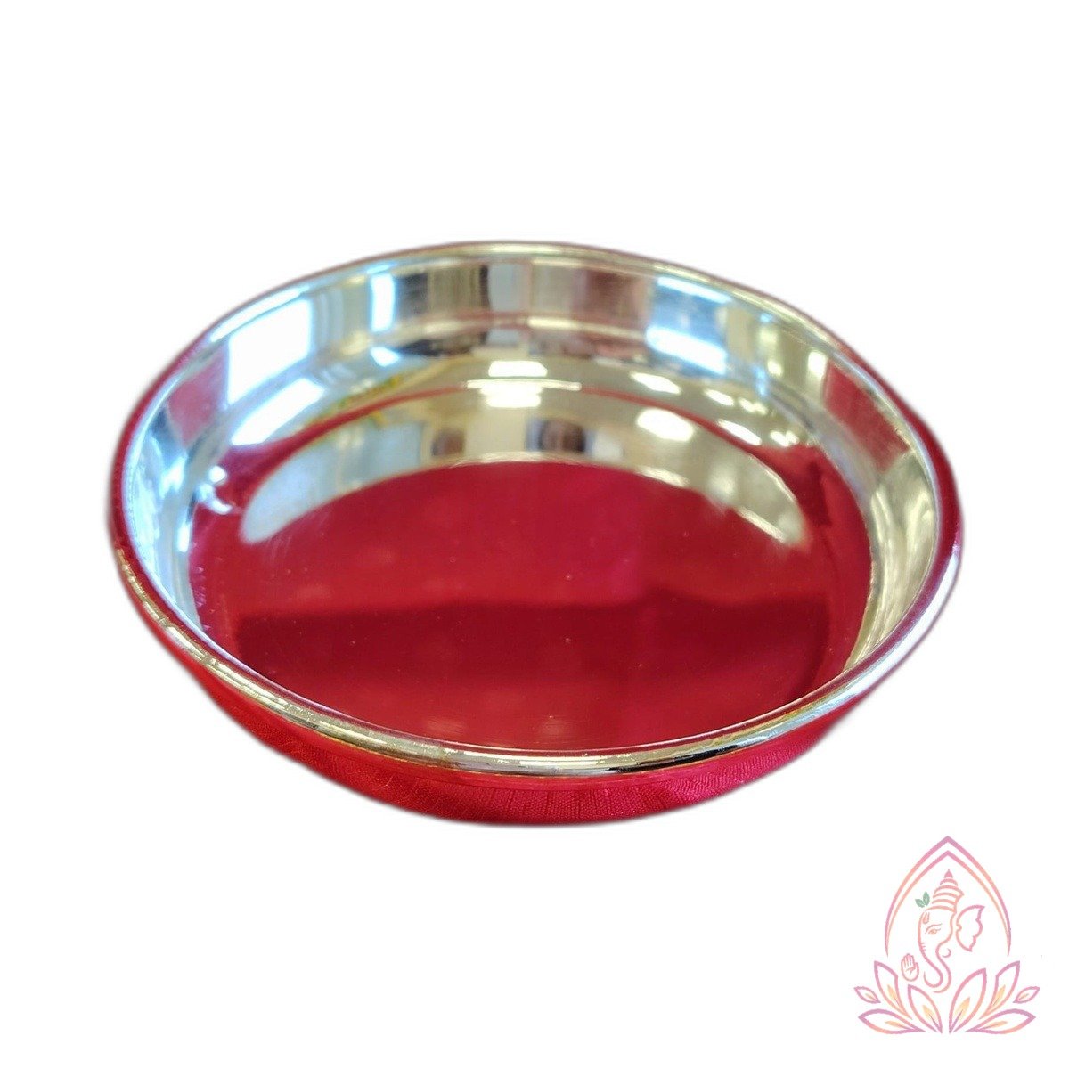 German Silver Pooja Plate with Red Velvet Inlay Base