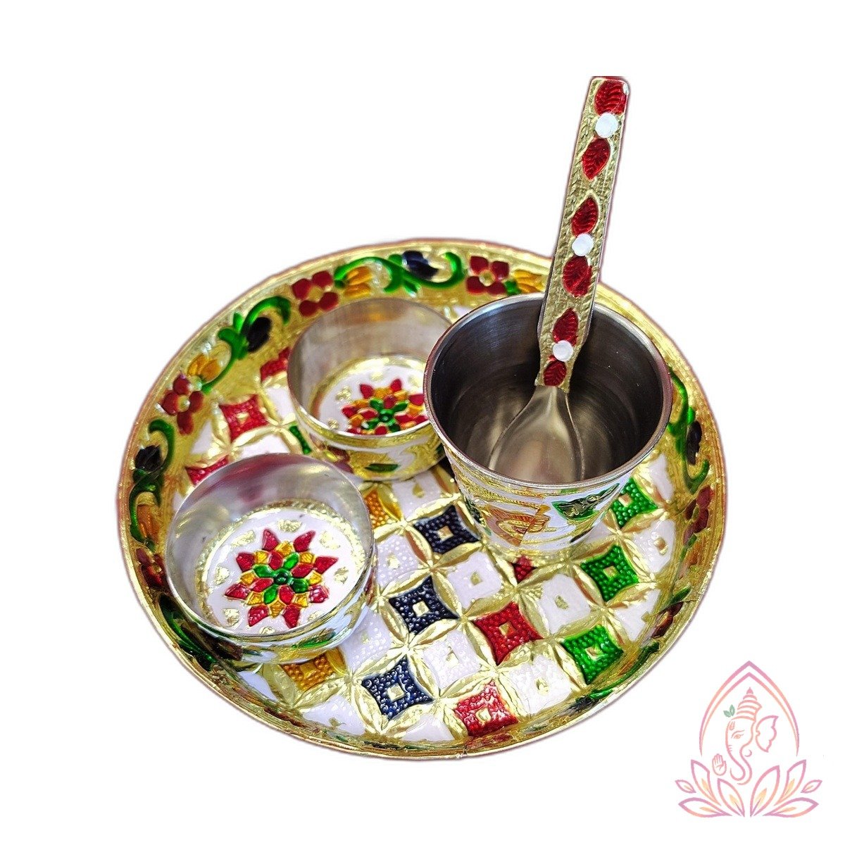Embellished Traditional Pooja Thali Set with Spoon and Bowls