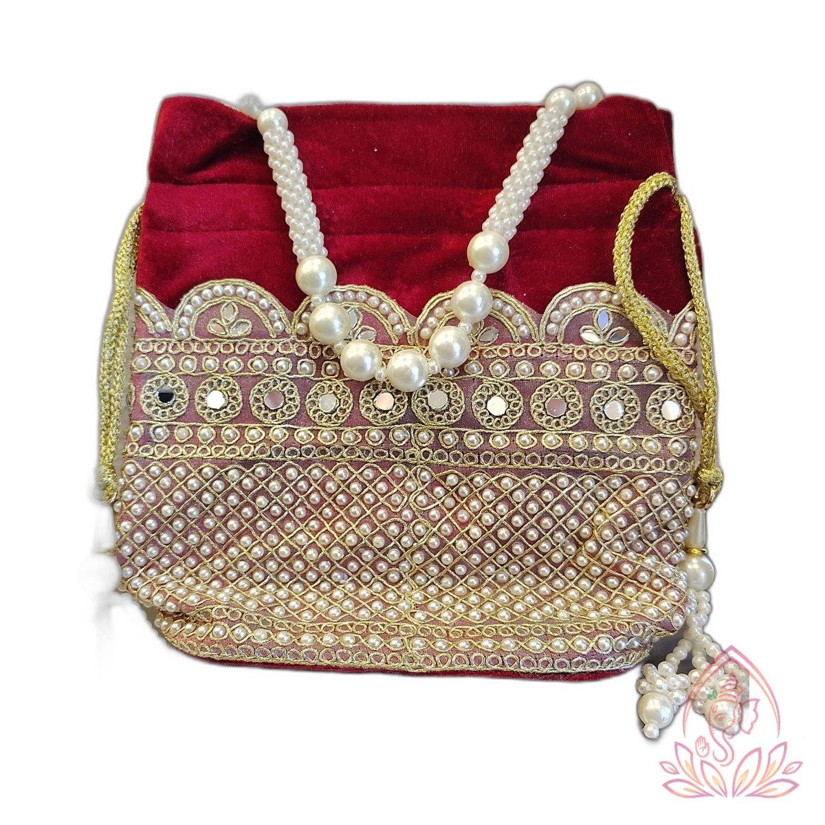 Embroidered Maroon Velvet Return Gift Potli Bag with Pearl Handle
