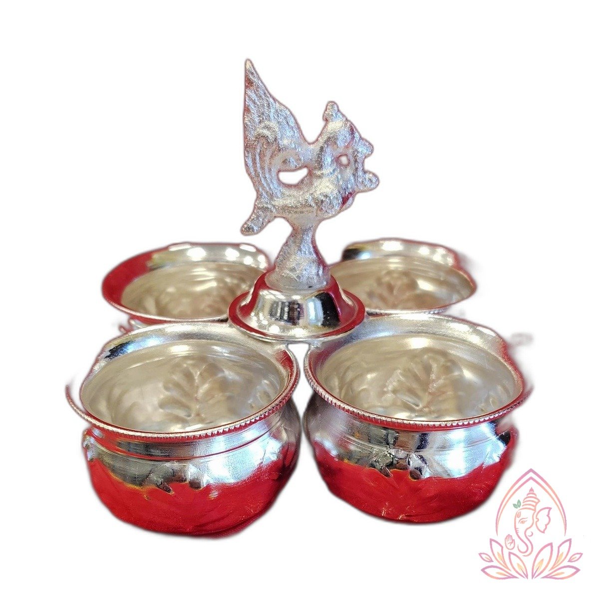 German Silver Pooja Thali Set with Peacock Diya and Prasadam Bowls